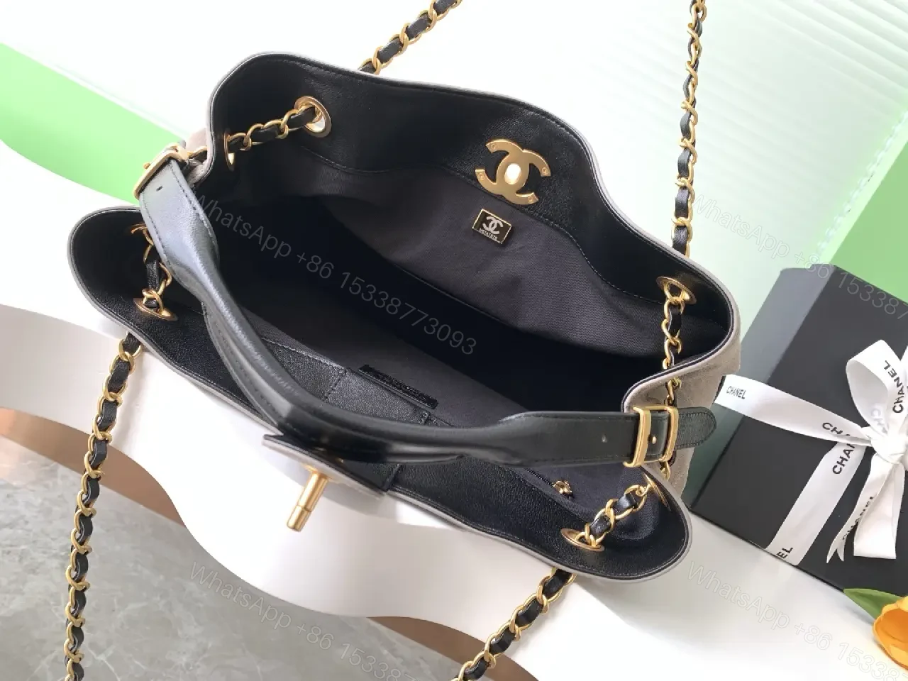 View 7 of Two-Tone Quilted Tote with Gold Chain Strap: Everyday Luxe Bag