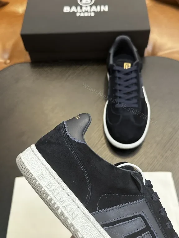 View 4 of Black/Gold Balmain-Style Low-Top Sneakers, Replica, Dark Blue Laces