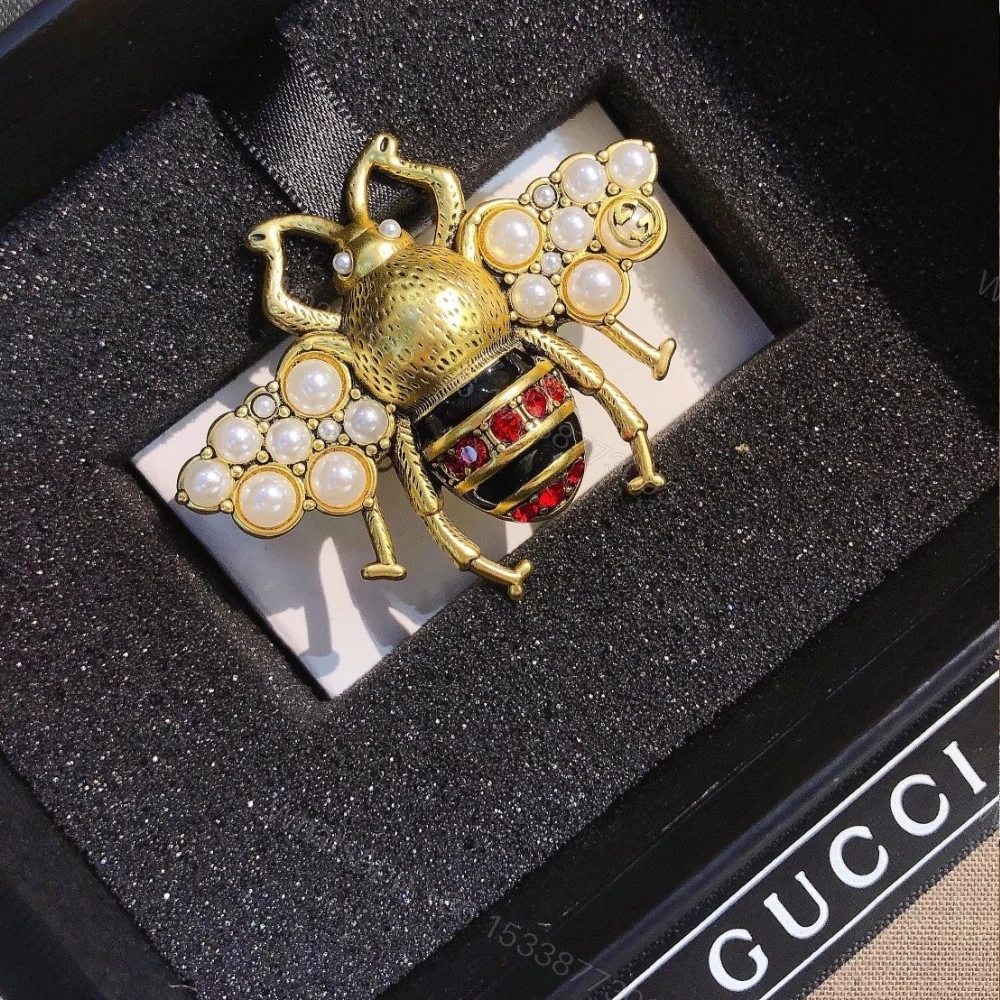 View 4 of Gucci GG Black And Red Bee Brooch Gold With Pearl