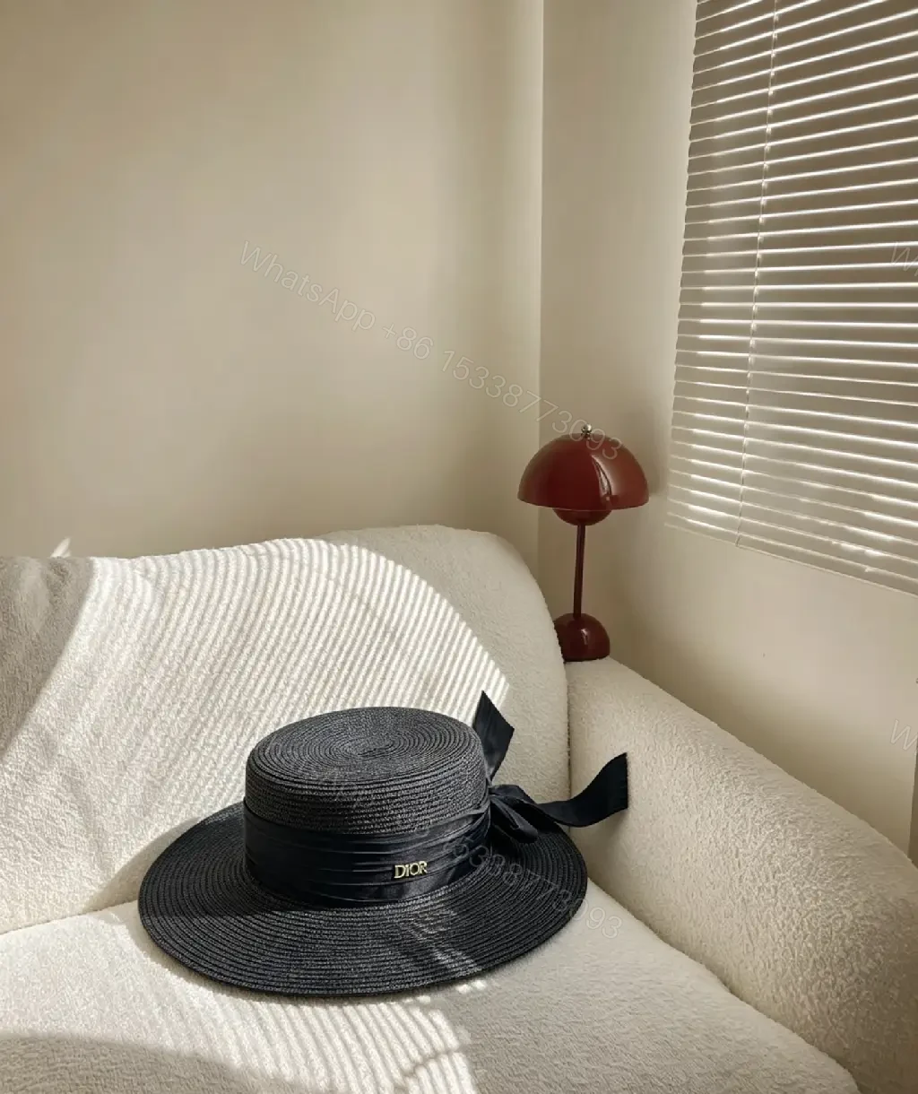 View 3 of Black Straw Hat Wide-Brim Bow Ribbon Dior Charm hat
