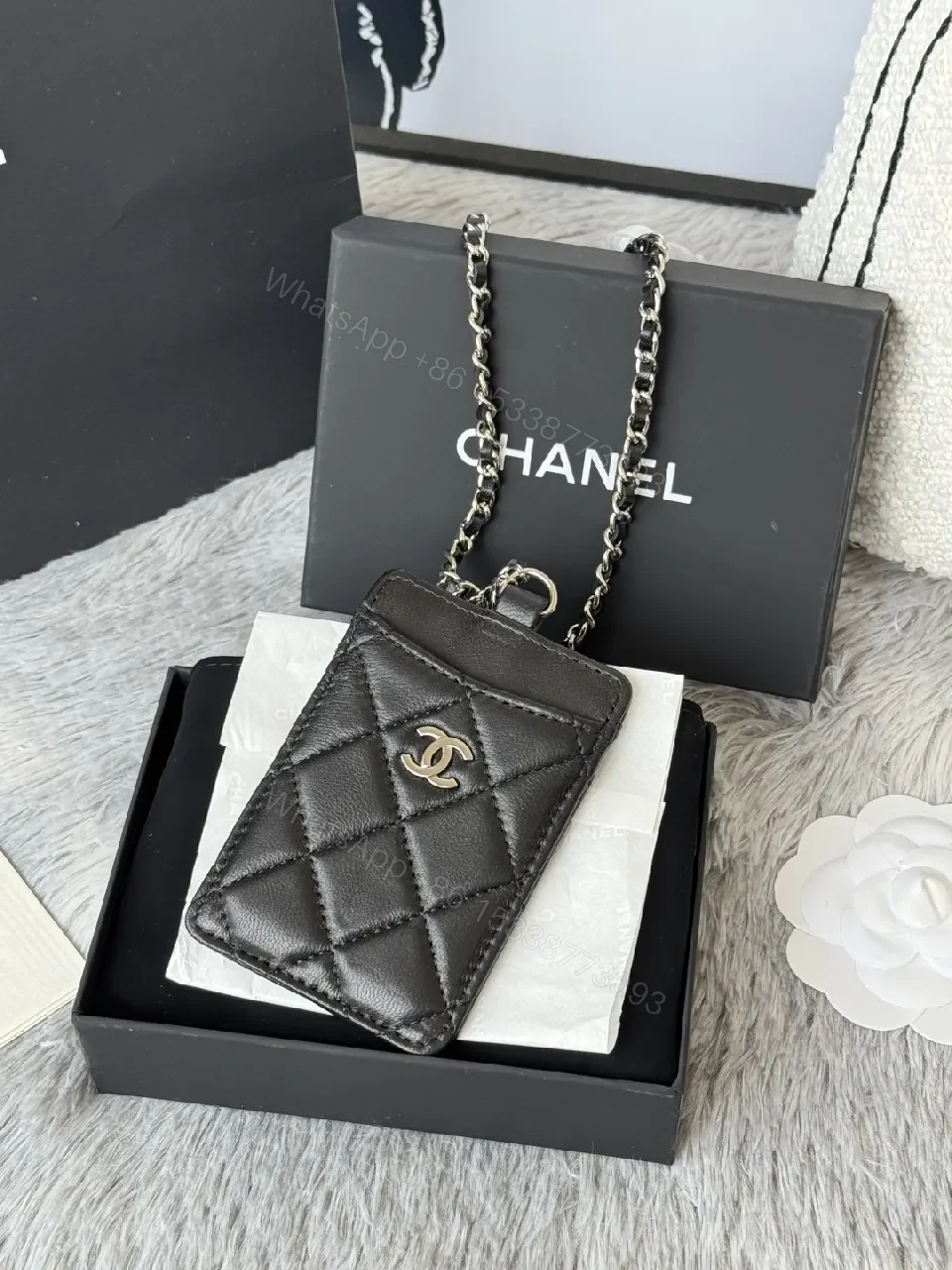 View 2 of Quilted Leather Cardholder with Chain Strap – Black, Luxe Style