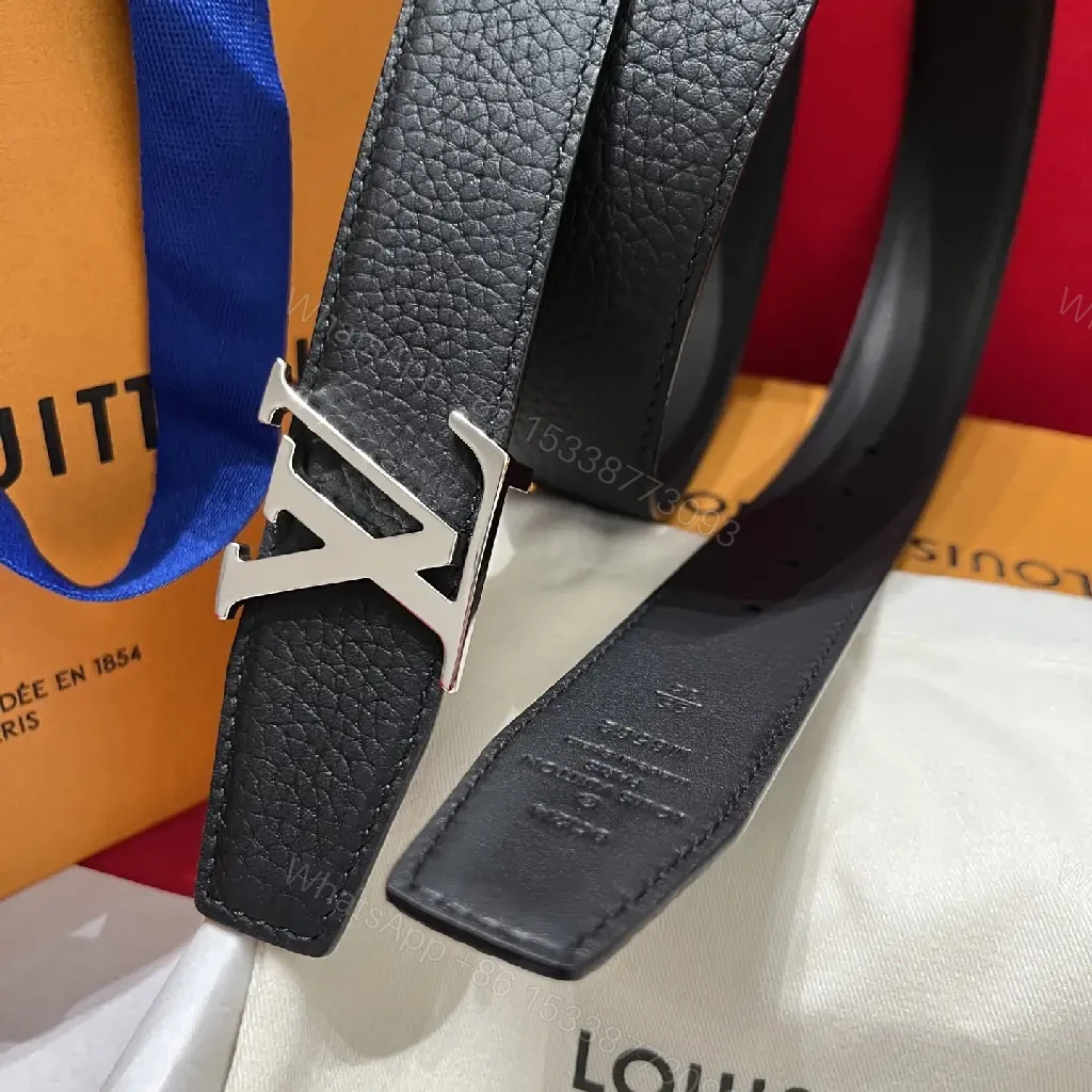 View 5 of Black Leather Pebbled Belt with Bold Silver LV Buckle