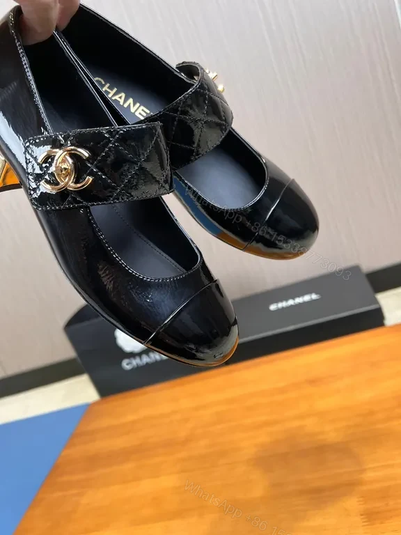 View 5 of Chanel-Inspired Patent Mary Jane Heels - Quilted Strap, Black