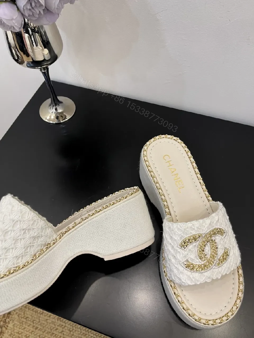 View 8 of White Textured Slide Sandals with Gold Logo, Open-Toe Mule Product