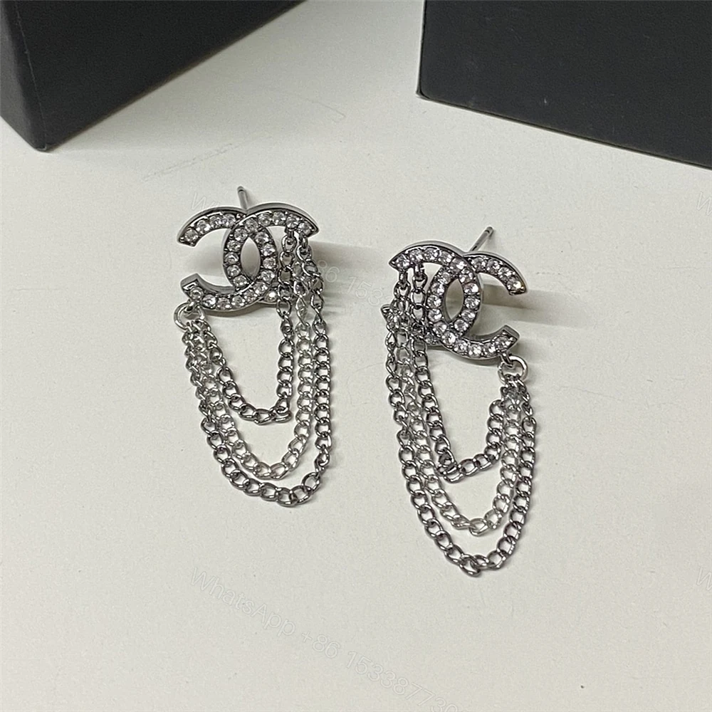 View 2 of CHANEL STUD EARRINGS WITH CRYSTAL AND MULTI CHAIN IN SILVER TONE