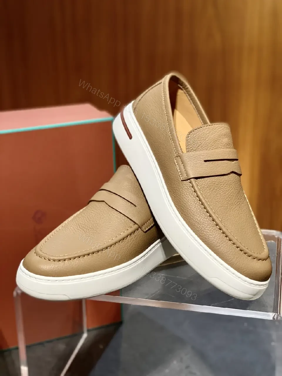 View 10 of Beige Leather Slip-On Loafers Plug-Top Comfort Shoes