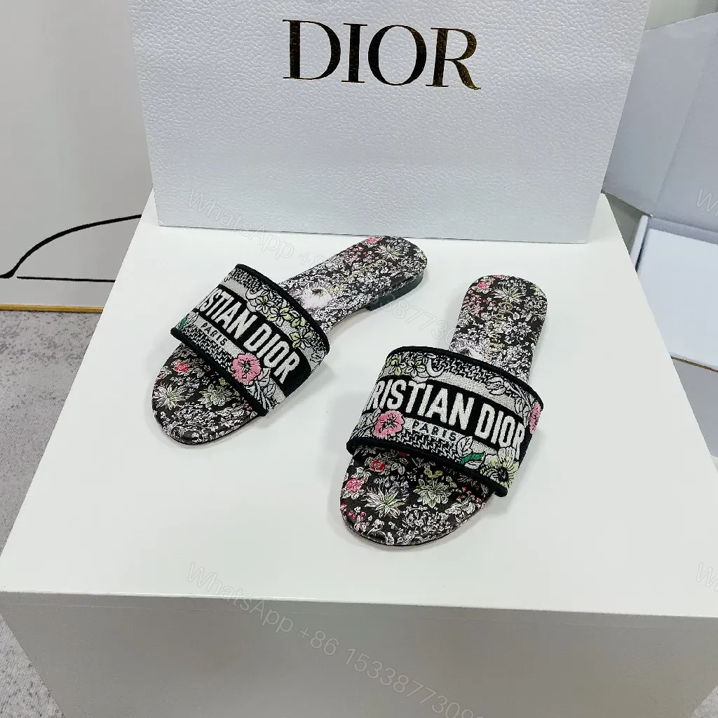 View 5 of Floral-Print Slides in Black with Signature Dior Strap