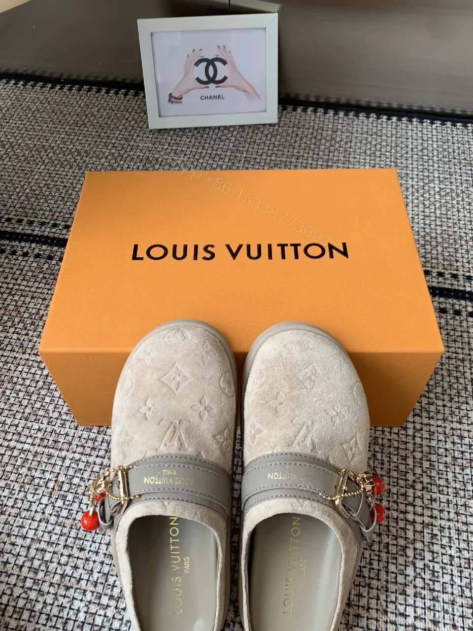 View 3 of Ivory Suede-Look Slip-Ons with Monogram & Charm Designer-Inspired Comfort