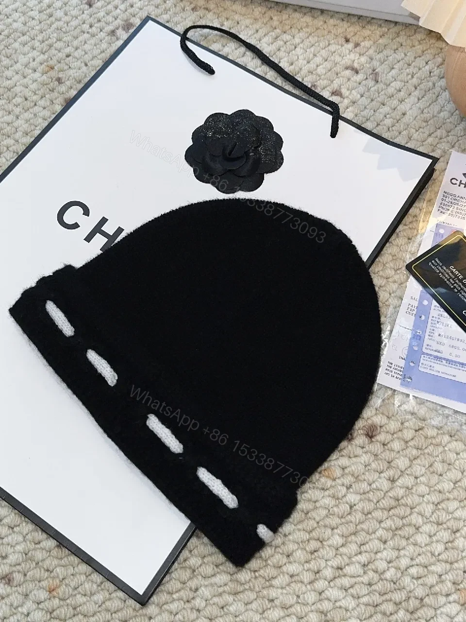View 7 of Black Knit Scarf with White Stitching — Luxury Cozy Accessory