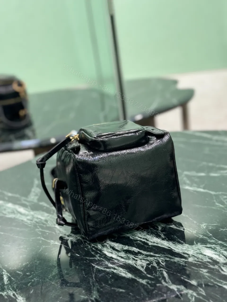 View 9 of Black Leather Compact Bag with Gold Hardware, Modern Luxe, Everyday Carry