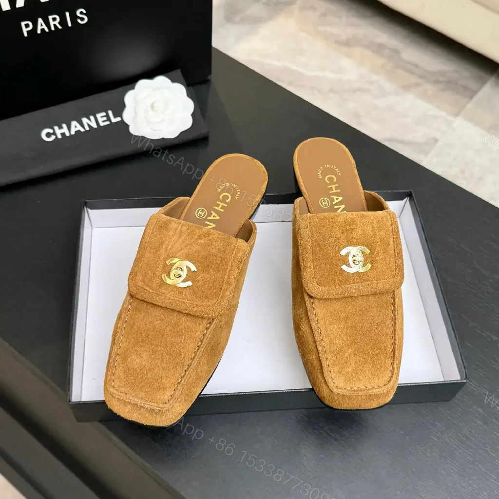 View 3 of Beige Suede Slip-On Mules with Chanel Logo Embellishment