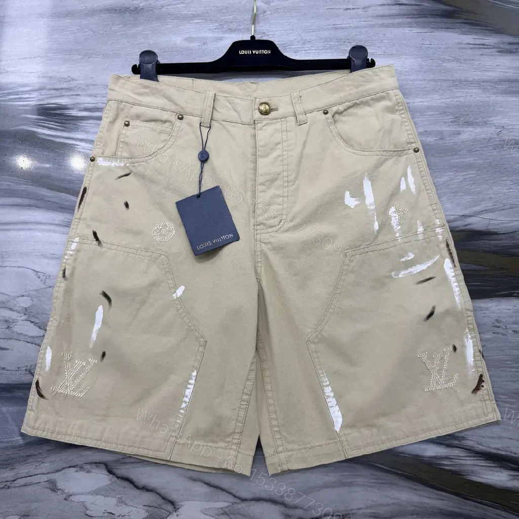 View 7 of Beige Denim-Style Shorts with LV Details, Distressed Comfort
