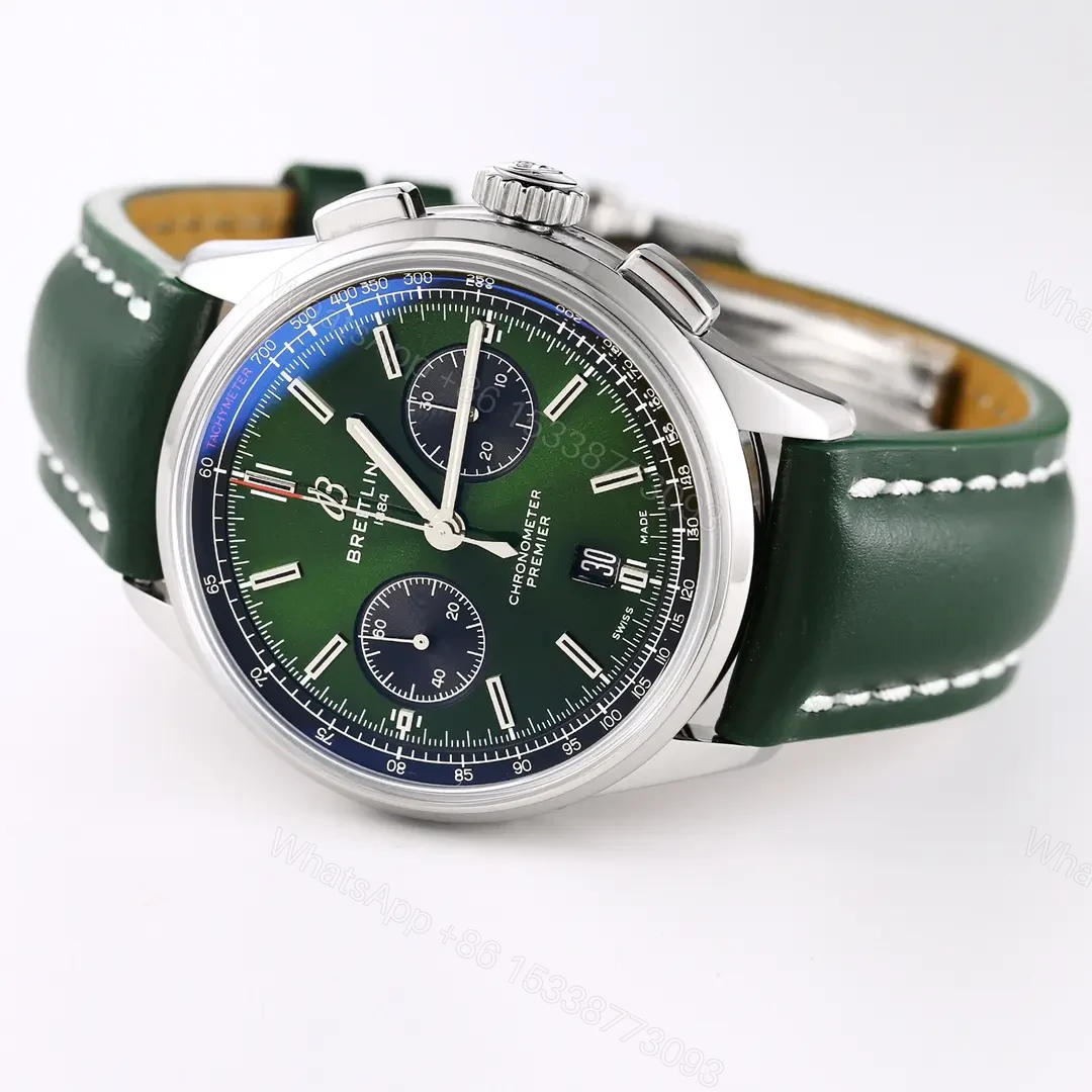 View 5 of JF Factory Breitling Premier B01 Chronograph Watch – Green Dial, 42mm Stainless Steel Case, Leather Strap