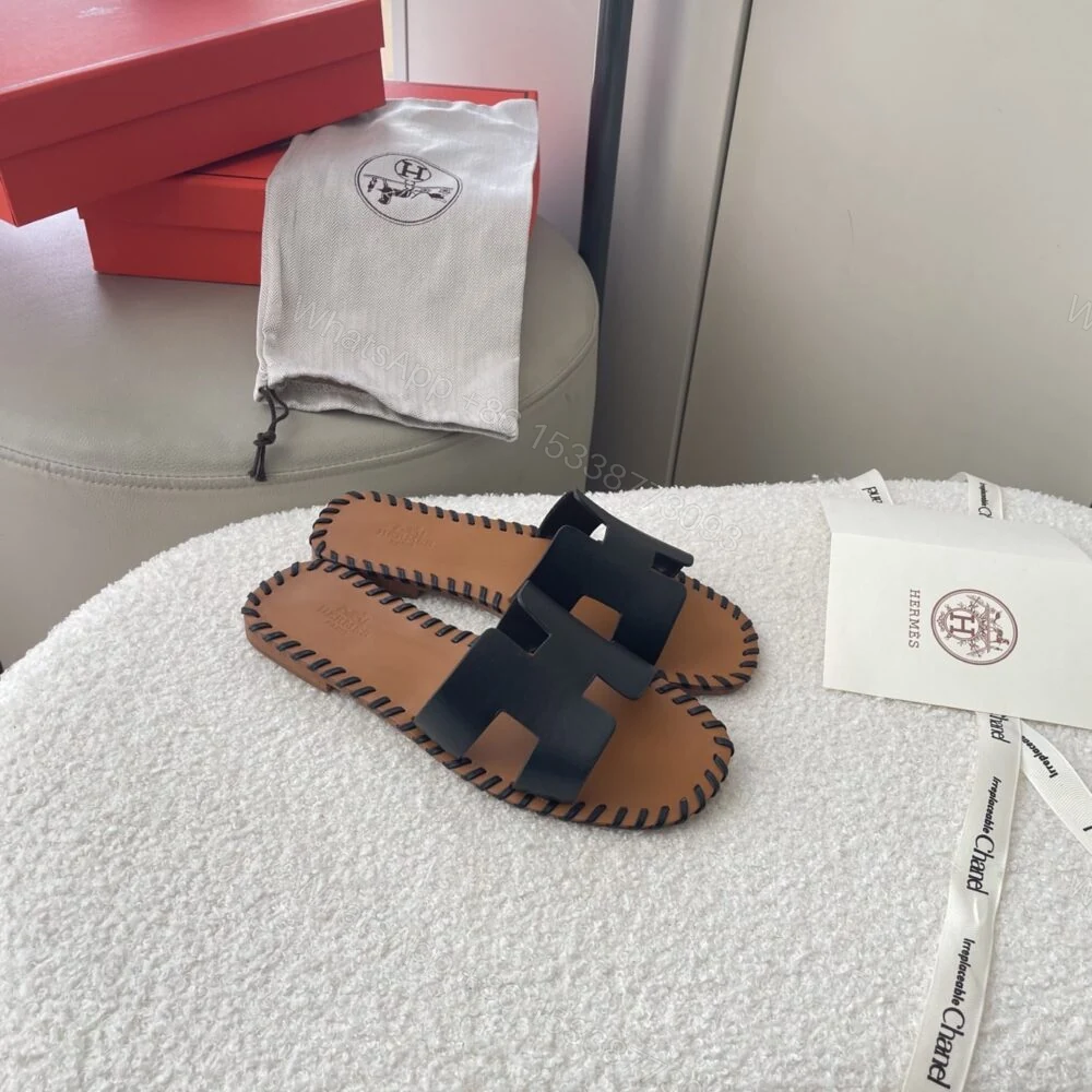 View 7 of Hermes Oran Sandals Stitching In Black And Brown
