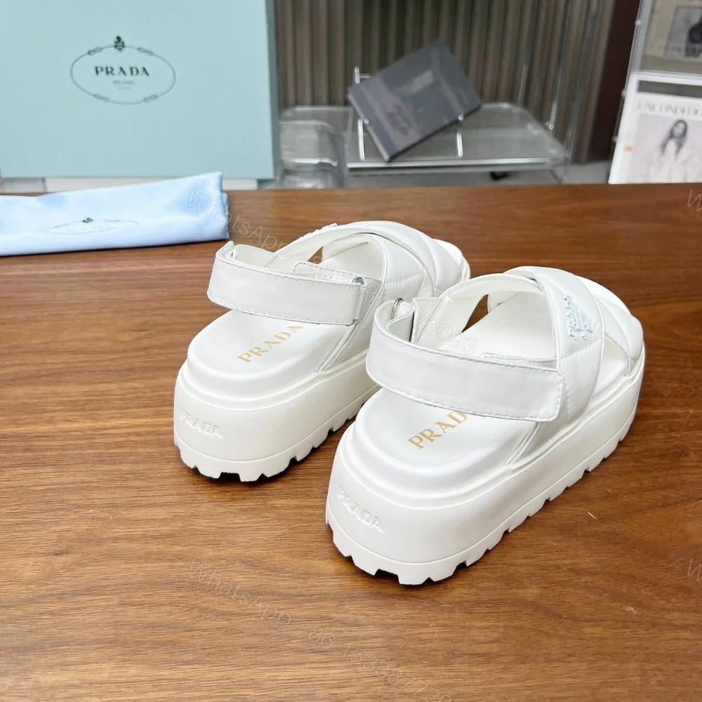 View 6 of PRADA NAPPA LEATHER CRISSCROSS FLATFORM SANDALS IVORY 1XZ777 038 F0304 F 045