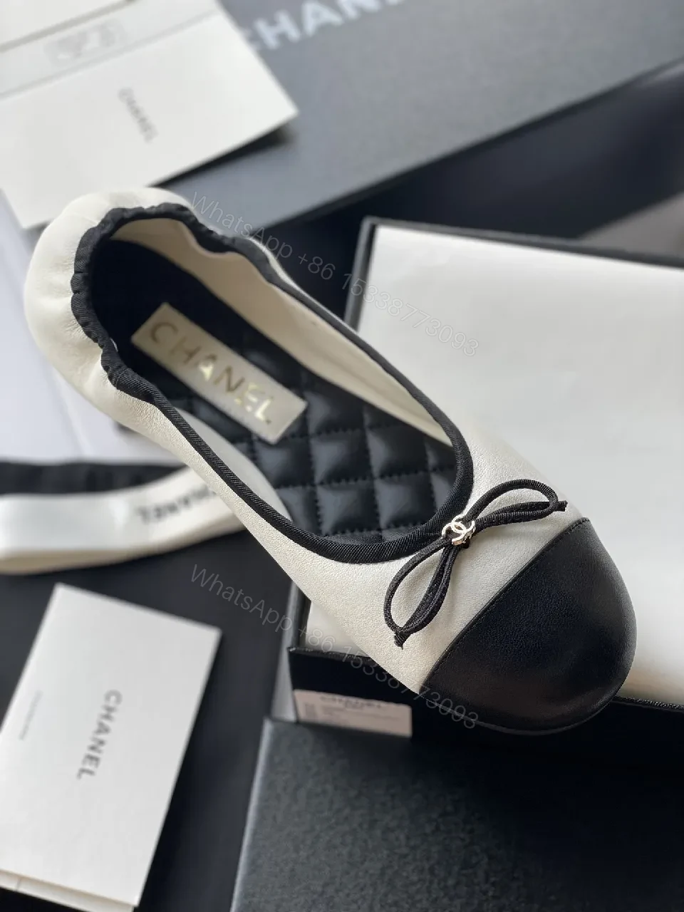 View 5 of Cream & Black Bow Ballet Flats - All-Day Comfort Style