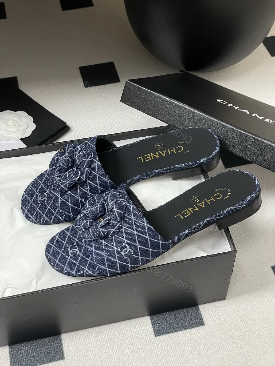 View 3 of Denim Pattern Slip-Ons with Signature Flower Bow Mule