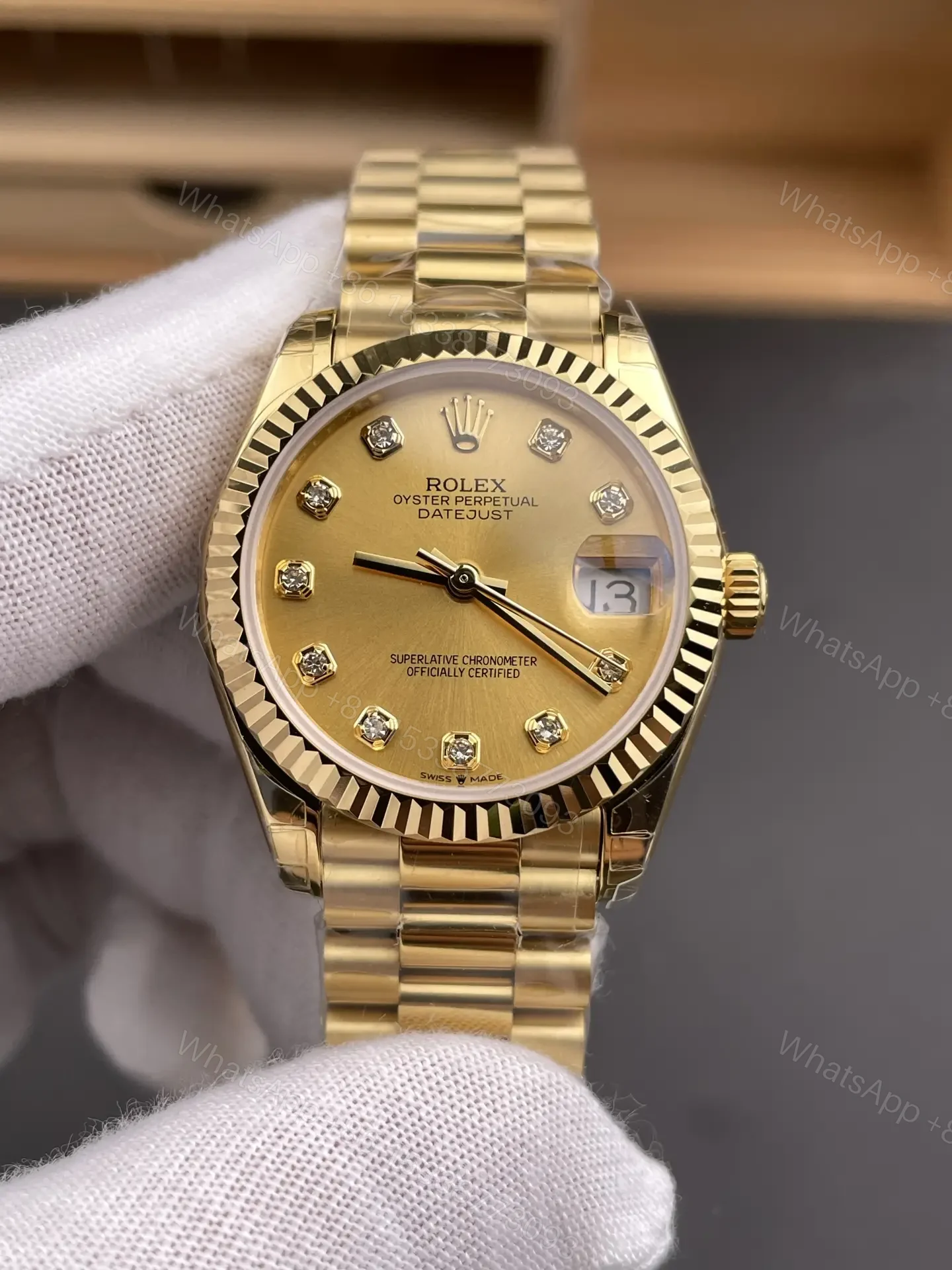 View 3 of Rolex Datejust 31 Yellow Gold Fluted President Champagne Diamond 178278-0018