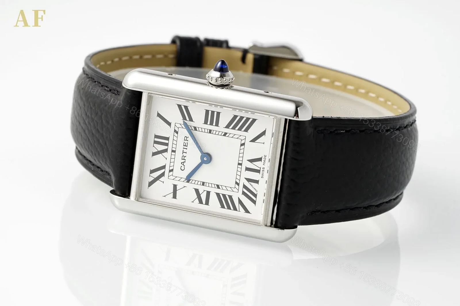 View 7 of BV Factory Cartier Tank Solo Quartz Watch – Silver Case, Black Leather Strap, White Dial, Blue Hands