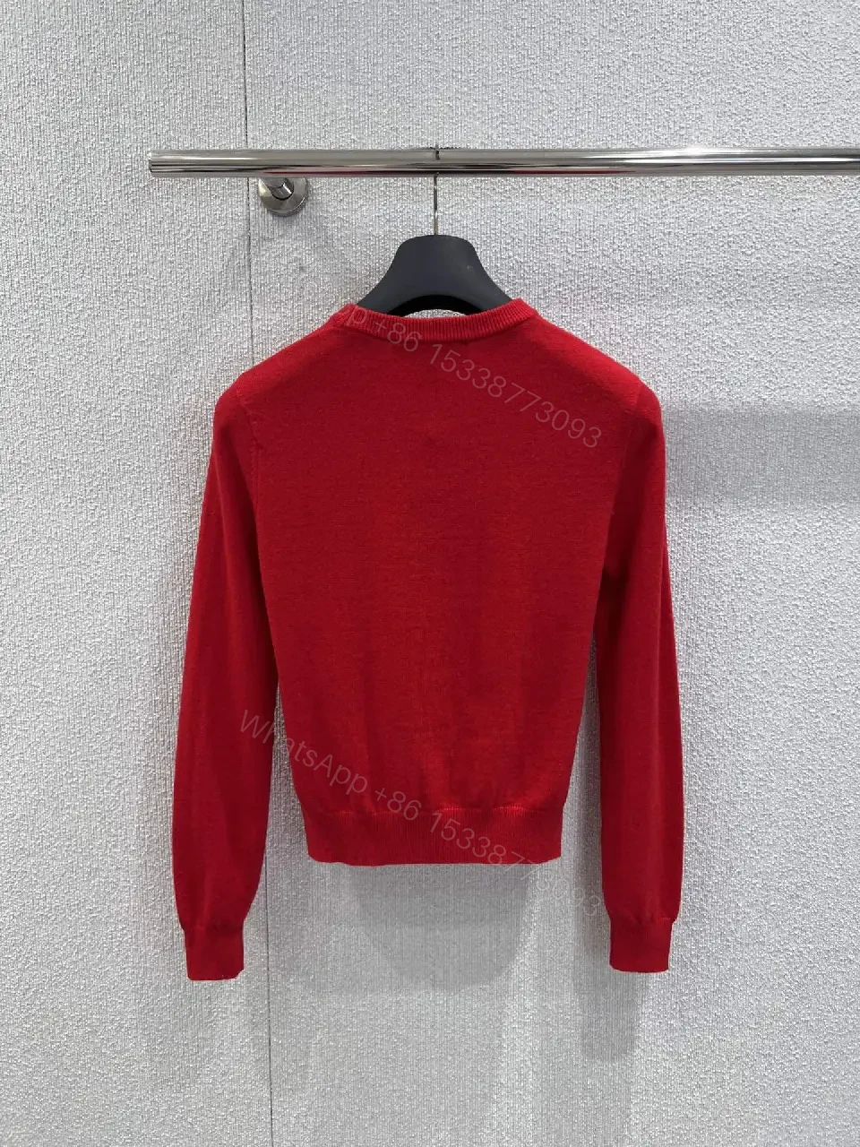 View 10 of Red Knit Crewneck with White Script Sweater Edge