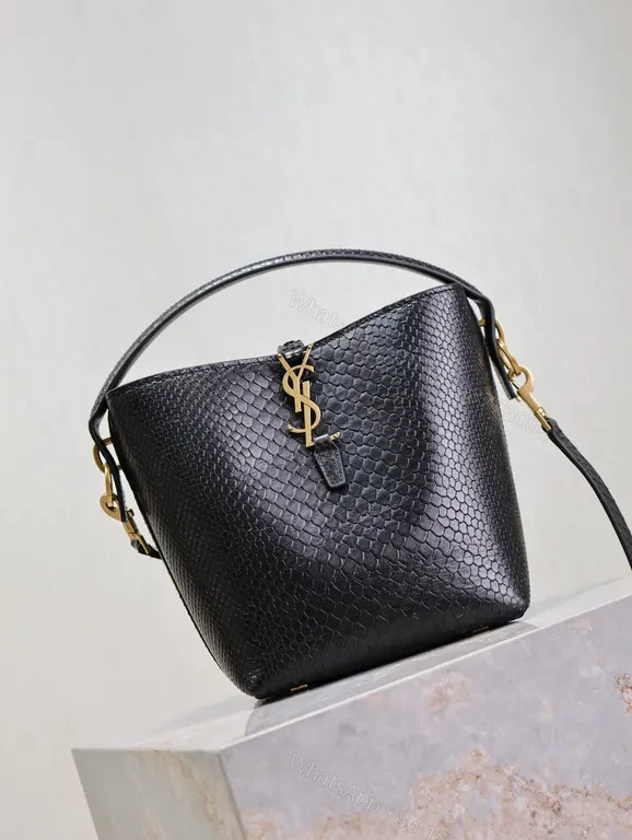 View 4 of Chic Black Snakeskin Bucket Bag with Gold Hardware - Luxury