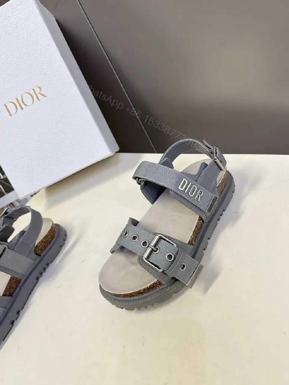 View 4 of Gray Leather Sandals with Cork Footbed & Buckle Straps (Dior Style)