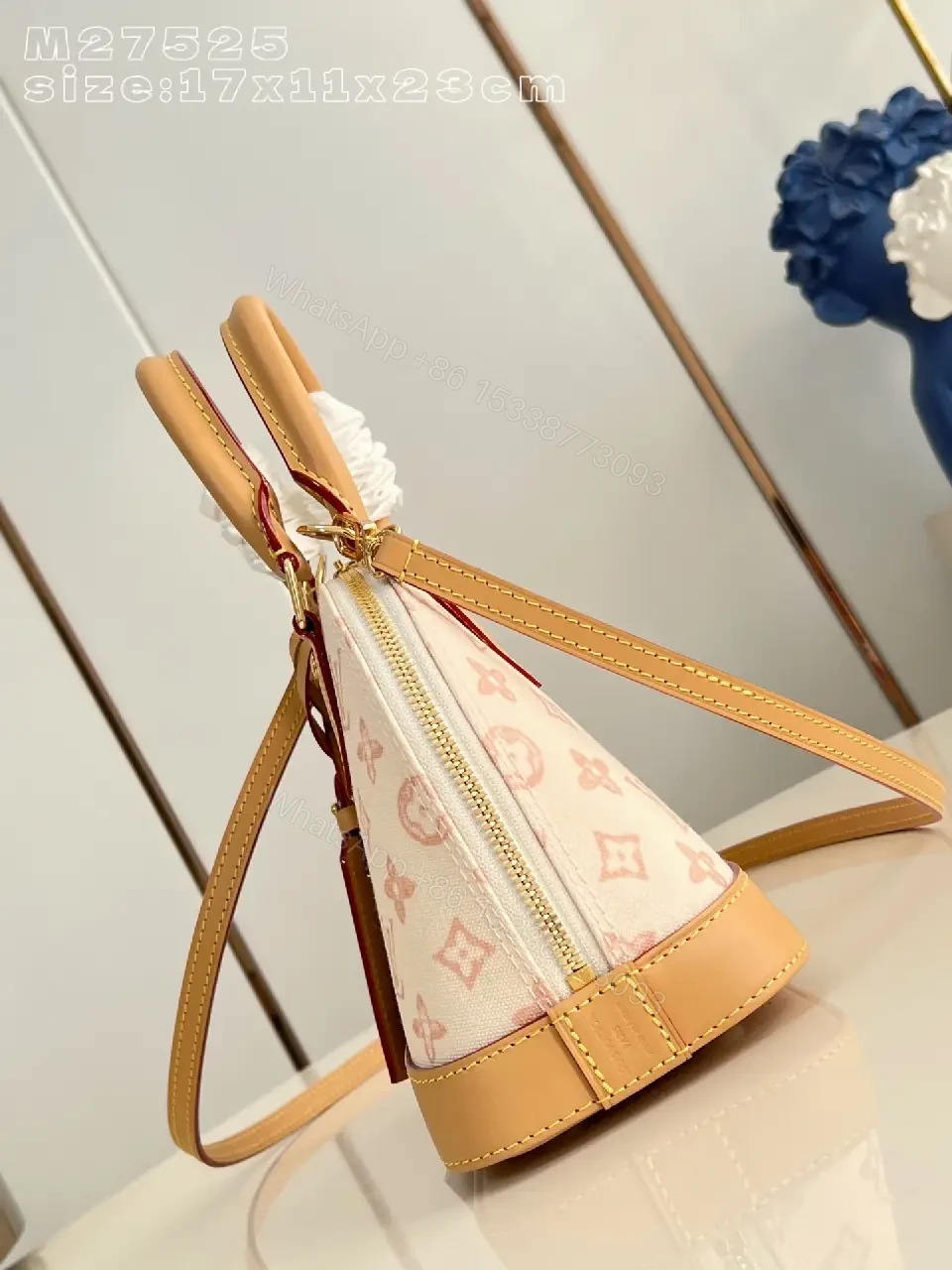 View 6 of Soft Pink Monogram Satchel with Tan Leather Trims