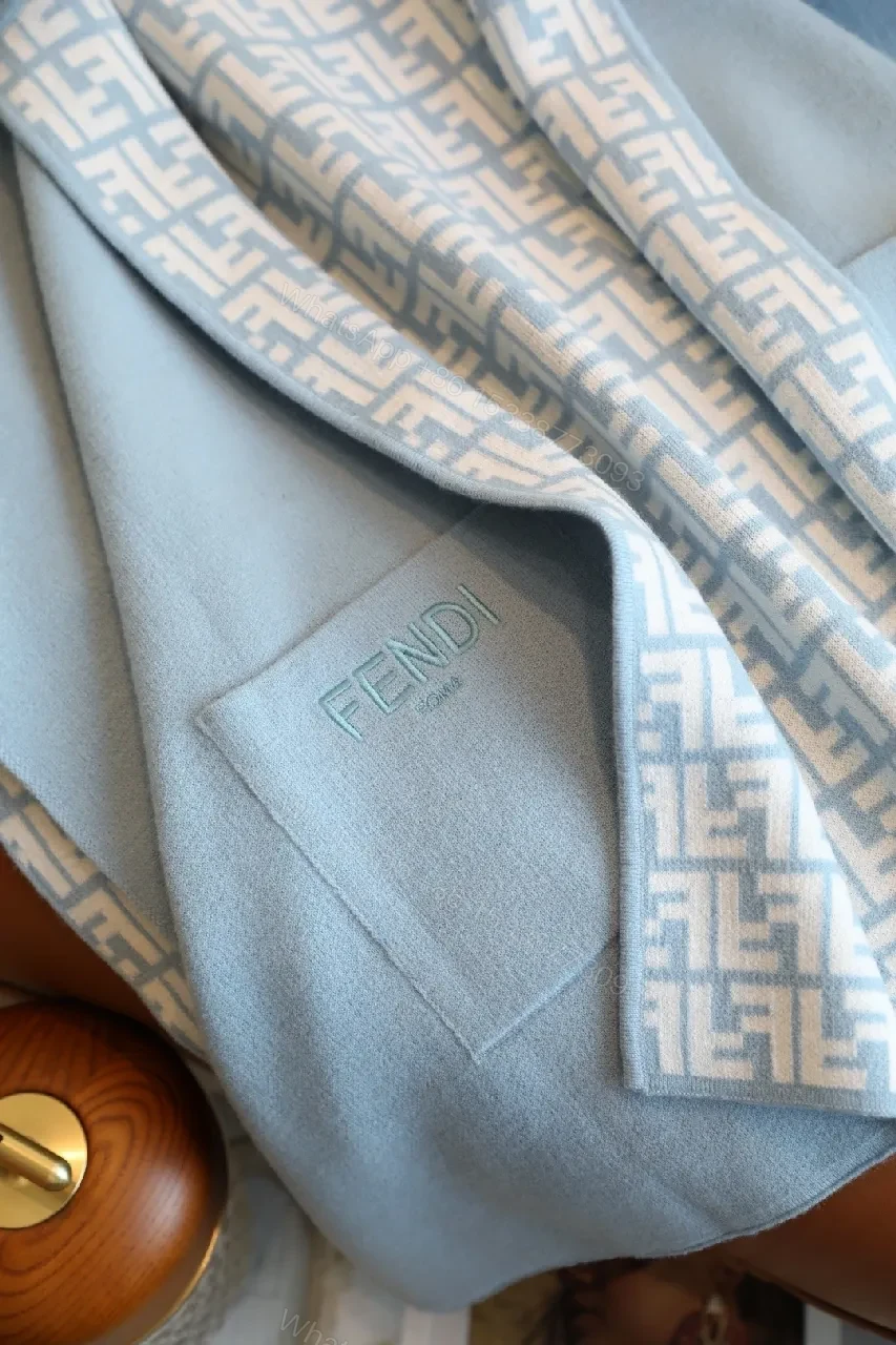 View 5 of Blue Knit Wrap Coat with Patterned Lining, Luxurious Cozy Style