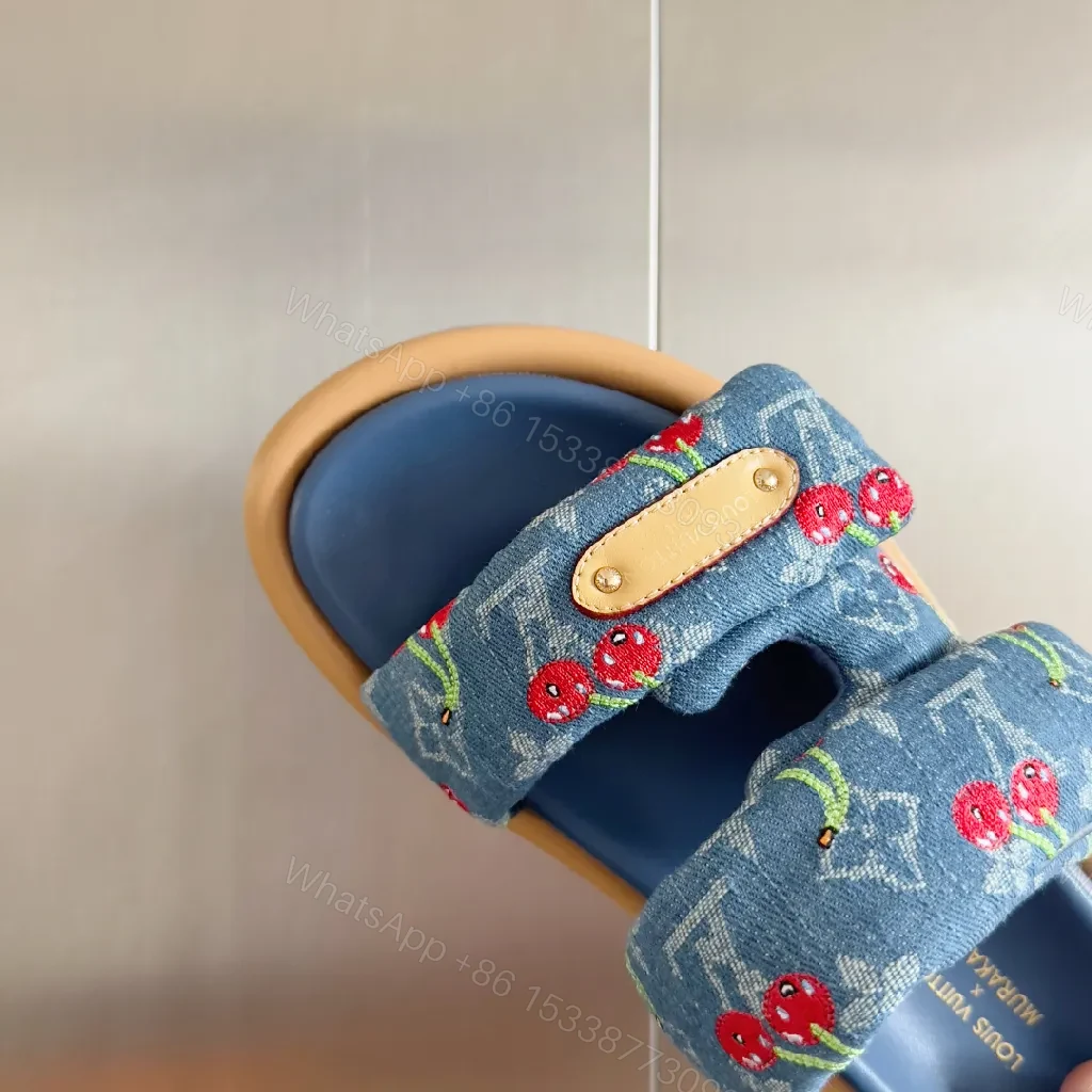 View 8 of Denim Cherry-Embroidered Slides: Playful Luxury Sandals
