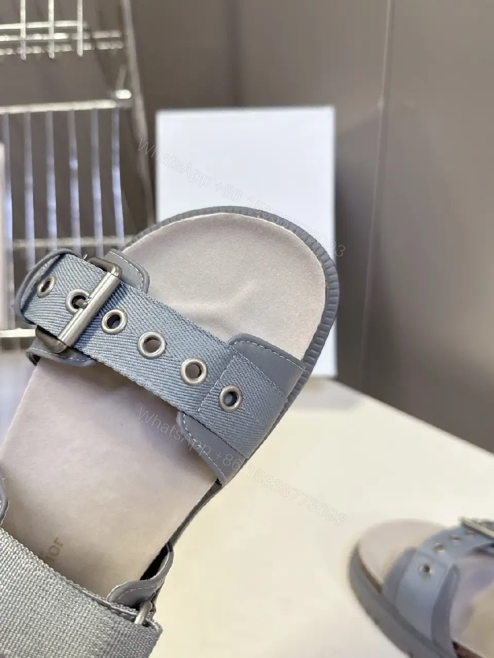 View 6 of Gray Leather Sandals with Cork Footbed & Buckle Straps (Dior Style)