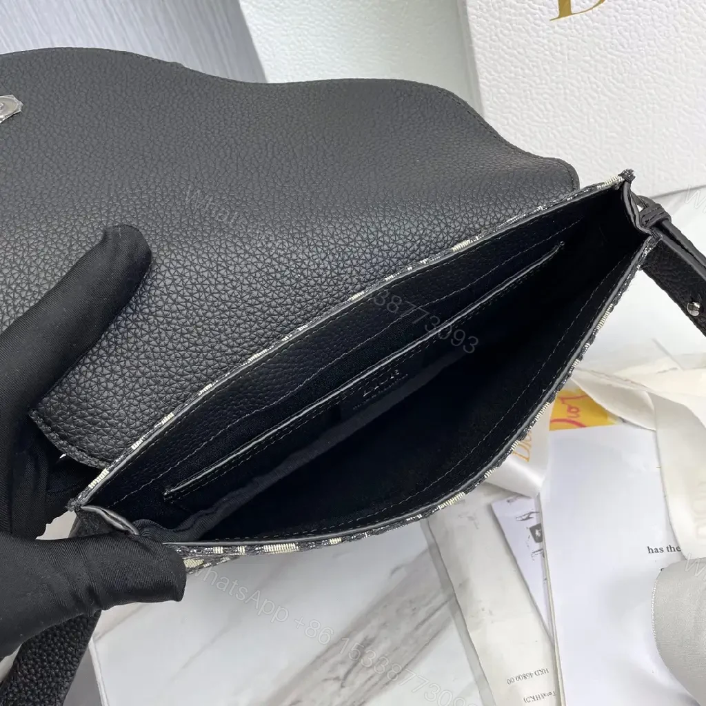 View 3 of Compact Black Leather Dior-Inspired Monogram Messenger Bag