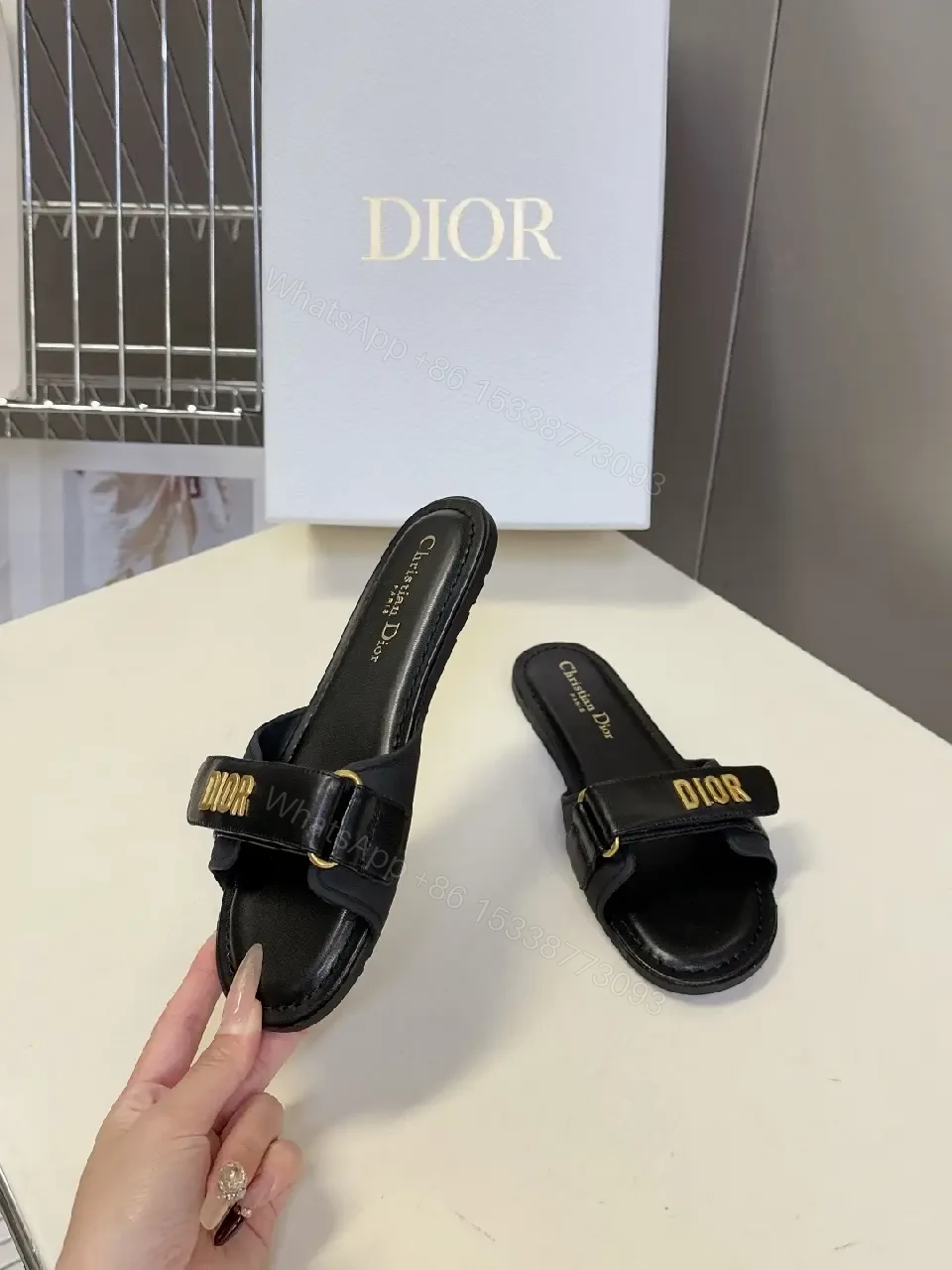 View 2 of Chic Minimalist Slide Sandals with Gold Logo Accent