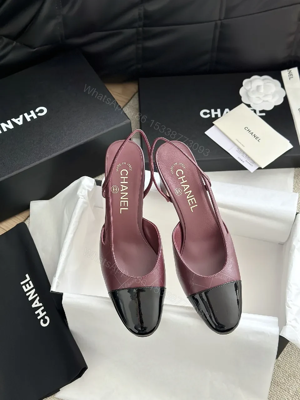 View 9 of Wine Satin Mule Pumps with Patent Cap Toe, Slip-On Style