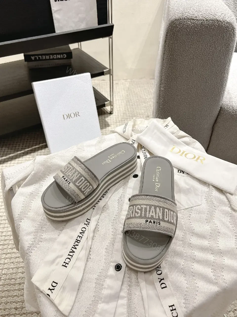 View 5 of Gray Dior Slides with Logo Strap Slippers