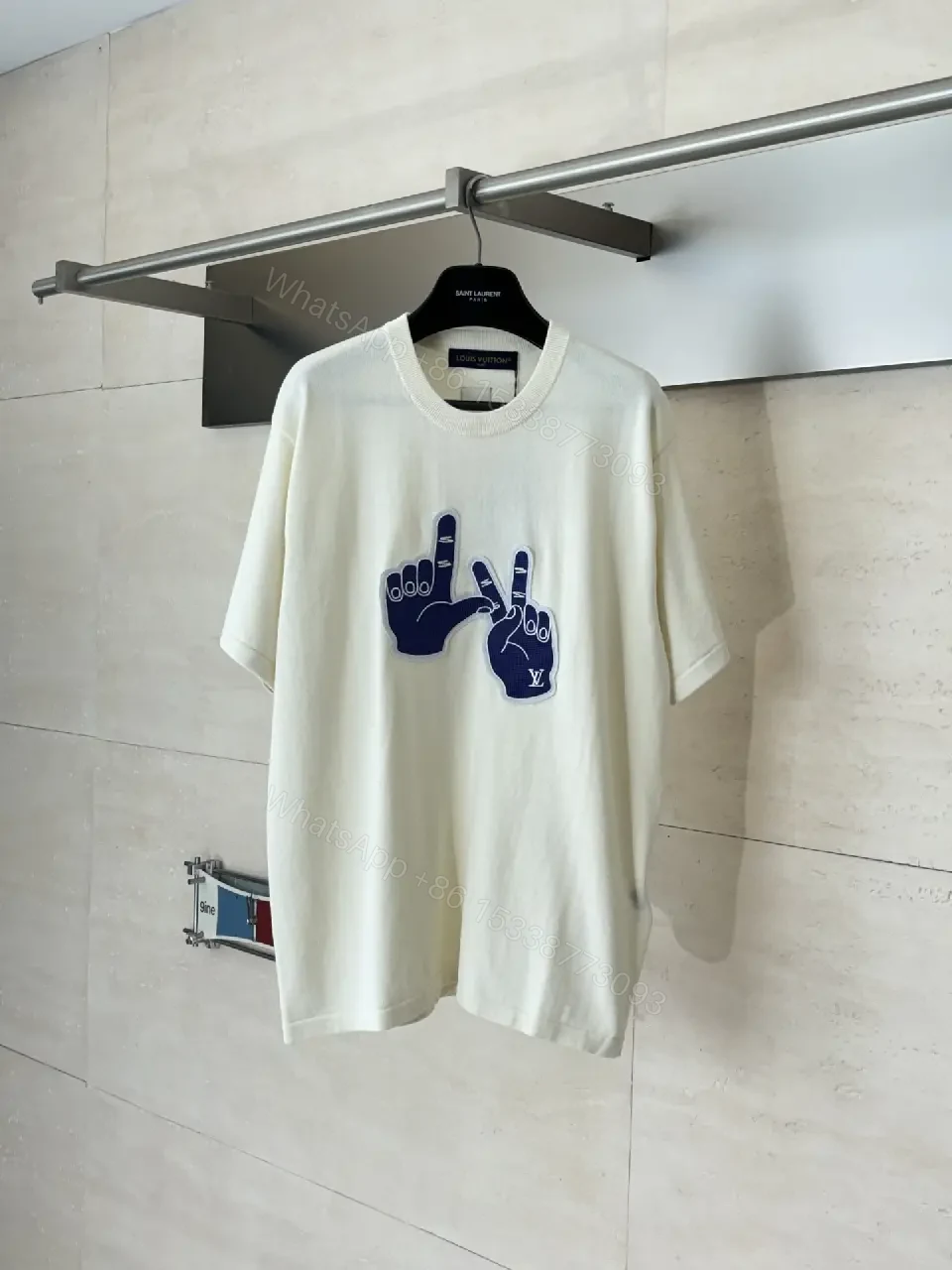 View 5 of White Cotton T-Shirt, Graphic Hand Sign, Casual Style, Louis Vuitton Accent