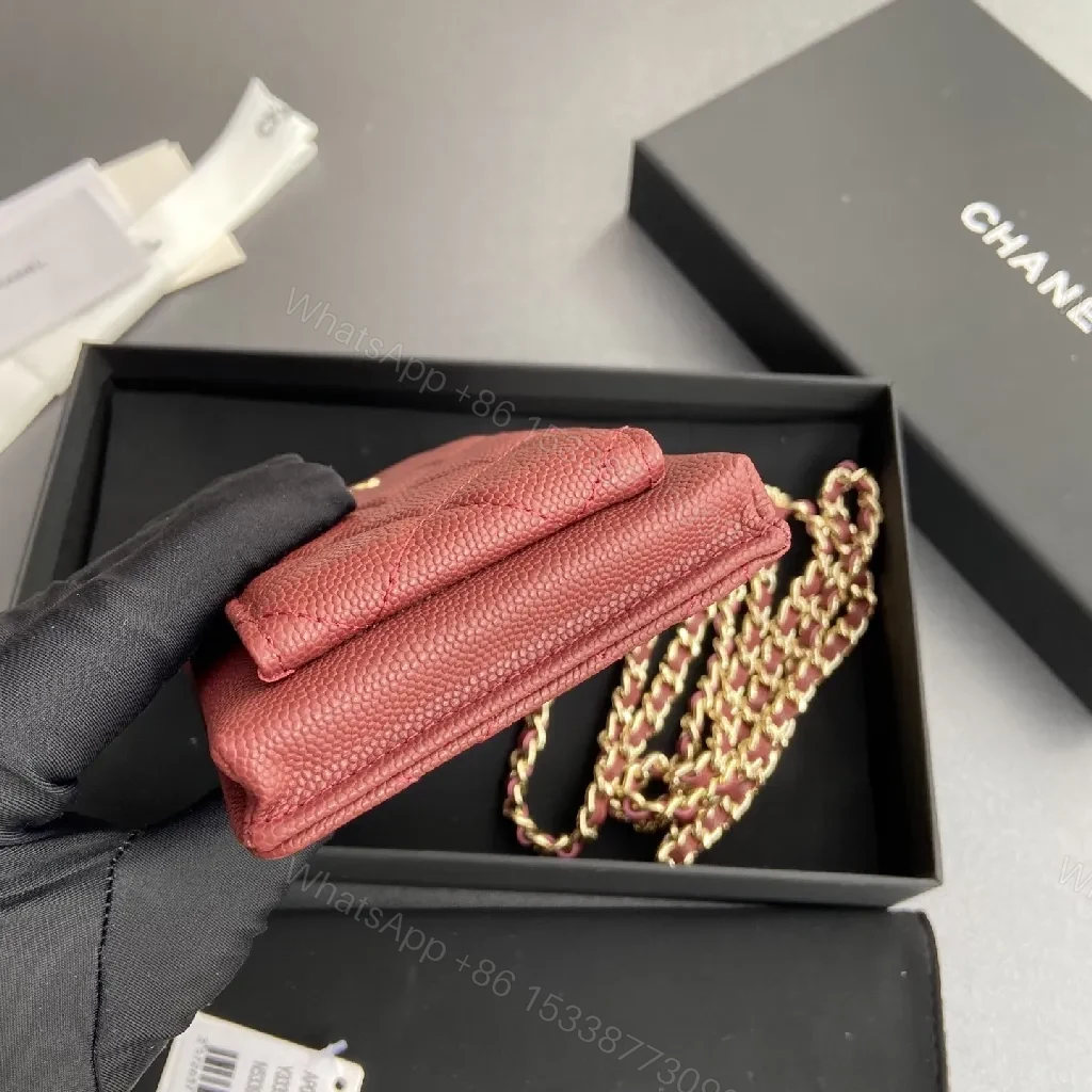 View 5 of Red Quilted Wallet Bag with Gold Chain Strap