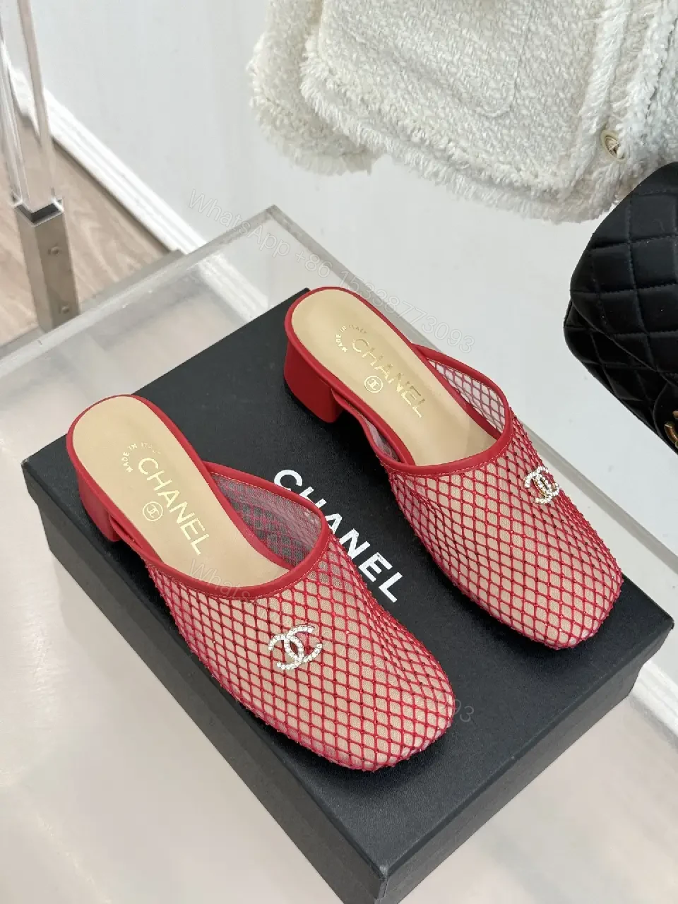 View 10 of Red Mesh Mules Silver CC Logo, Block Heel, Chanel Style Shoes