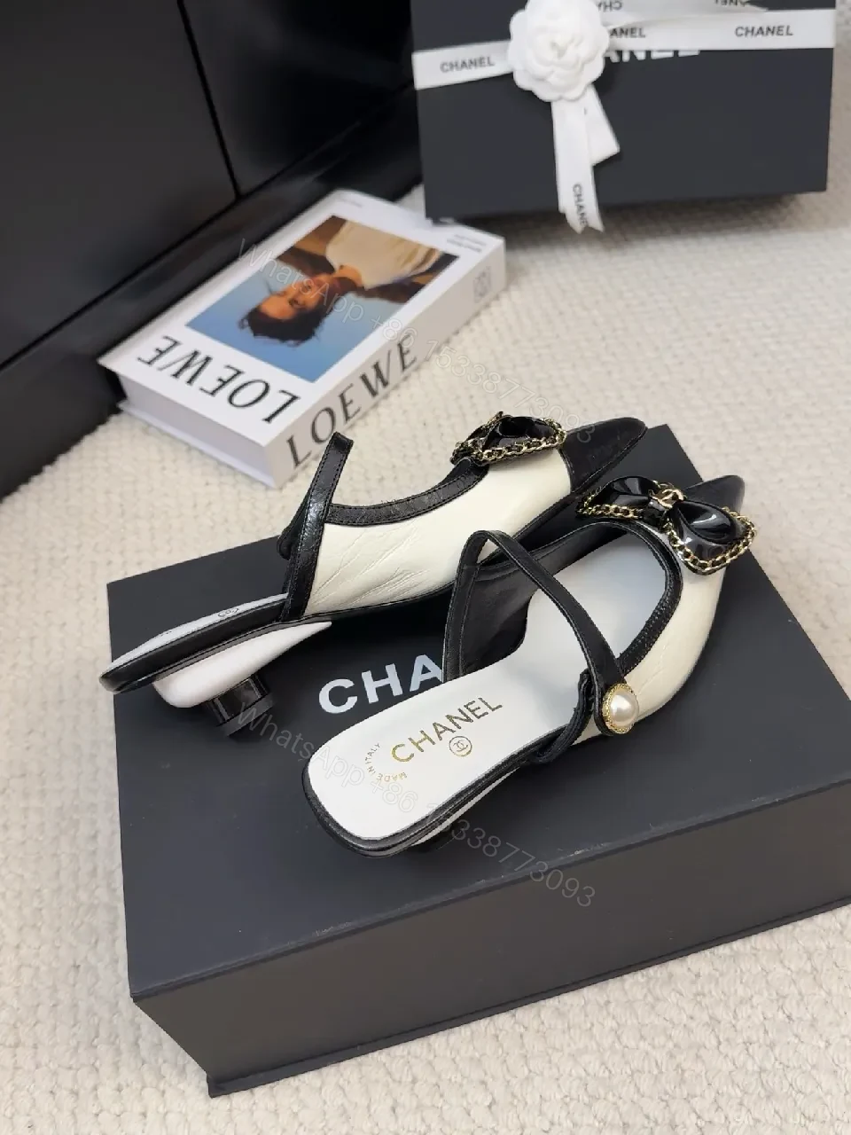 View 6 of Chic Ivory-Black Pearl-Trim Bow Pointed-Toe Mules