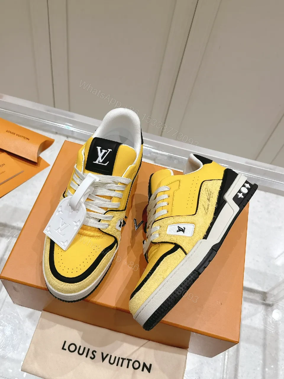 View 9 of Yellow-Accent Premium High-Tops: LV-Inspired Luxury Runner
