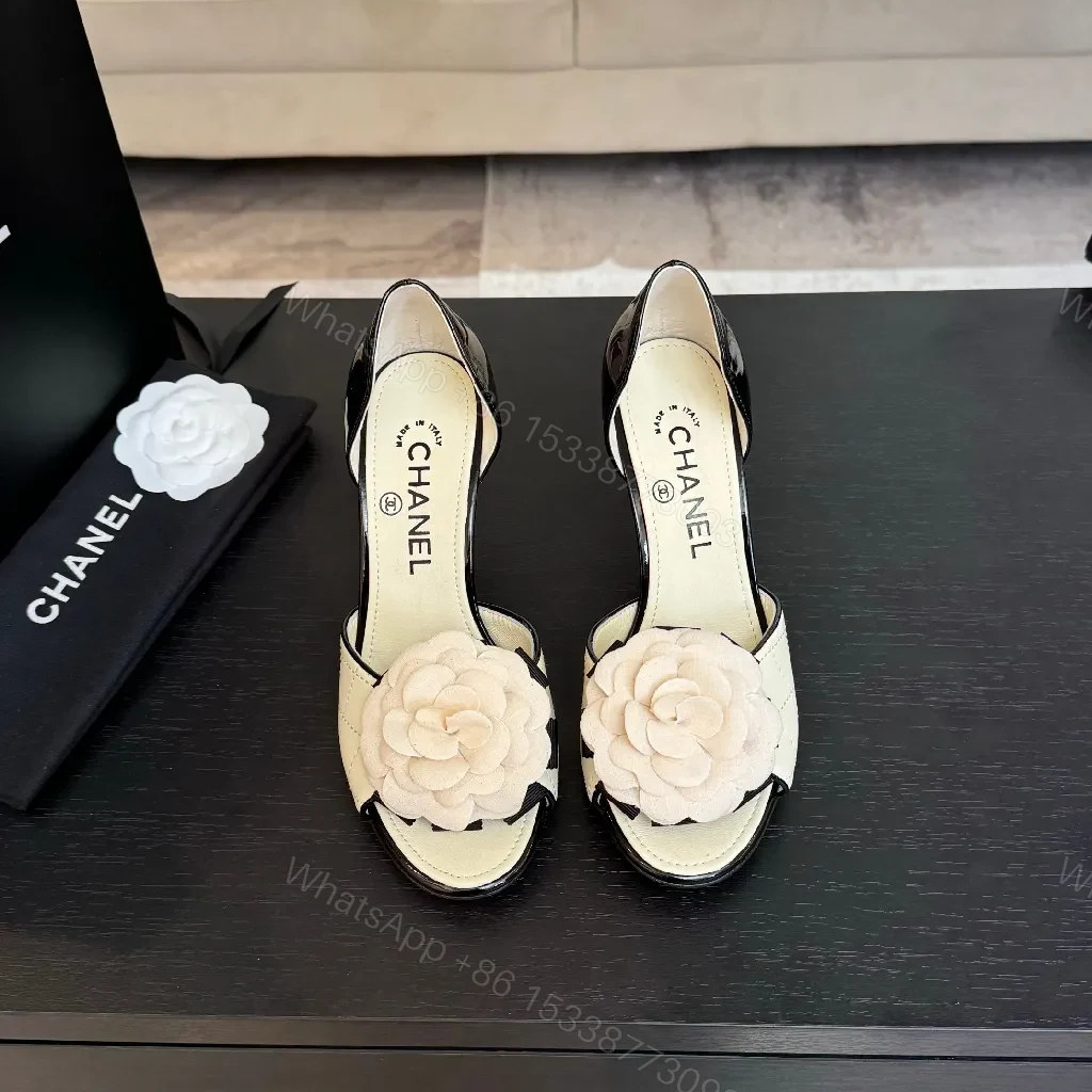 View 5 of Cream Quilted Leather Heels with Flower Accent, Open-Toe, Kitten Heel