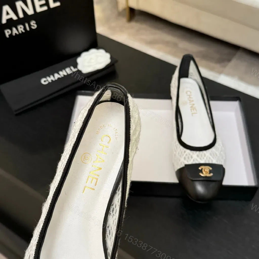 View 7 of Ivory Lace-Trim Black Leather Cap-Toe Ballet Flats with Gold Hardware