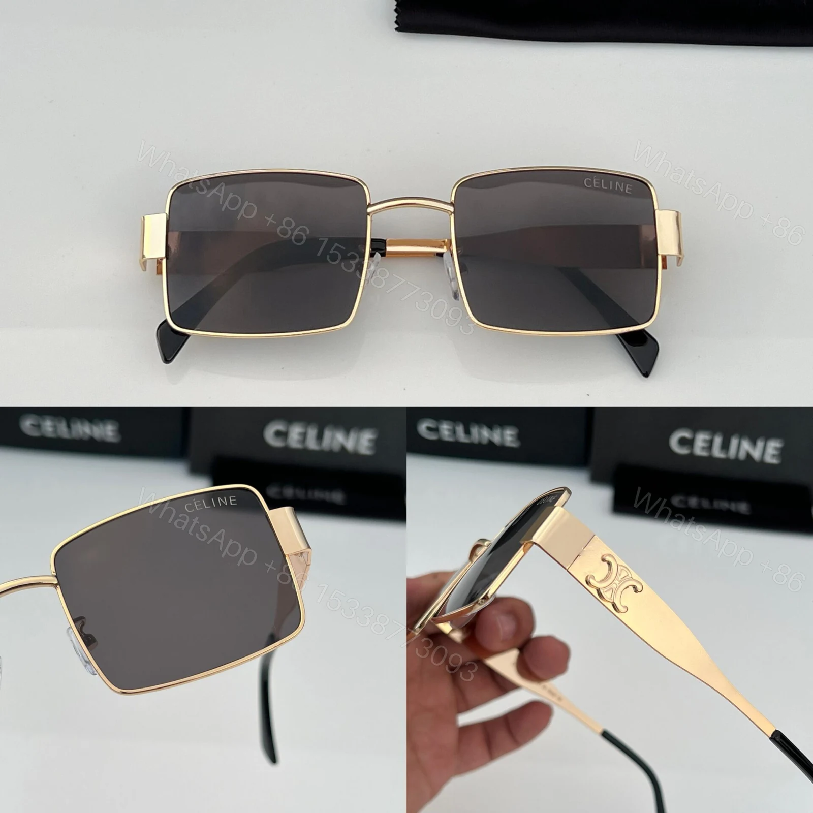 View 5 of Celine Square Sunglasses Gold Frame Black Lenses