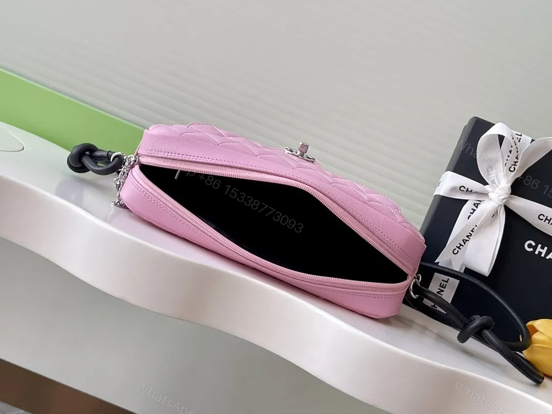 View 5 of Pink Quilted Handbag with Logo Hardware, Compact Classic Style
