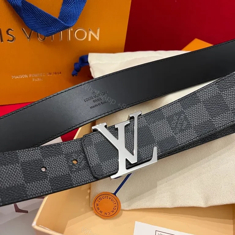 View 5 of Damier Signature Belt: Gold LV Buckle, Leather-Canvas Luxury
