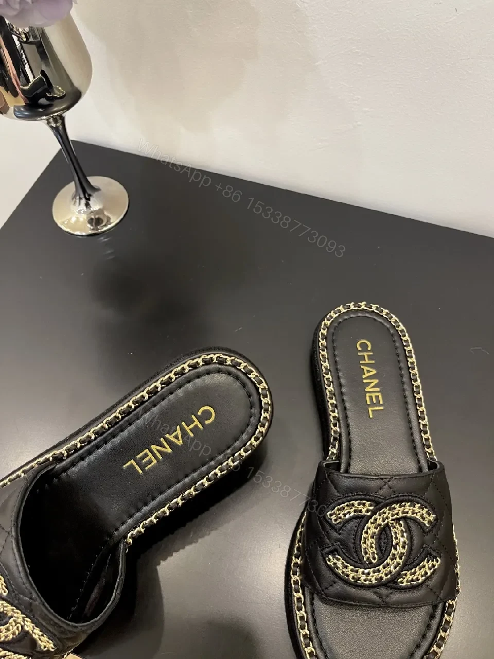 View 6 of Black Leather Slip-Ons with Chain Detailing Sandals