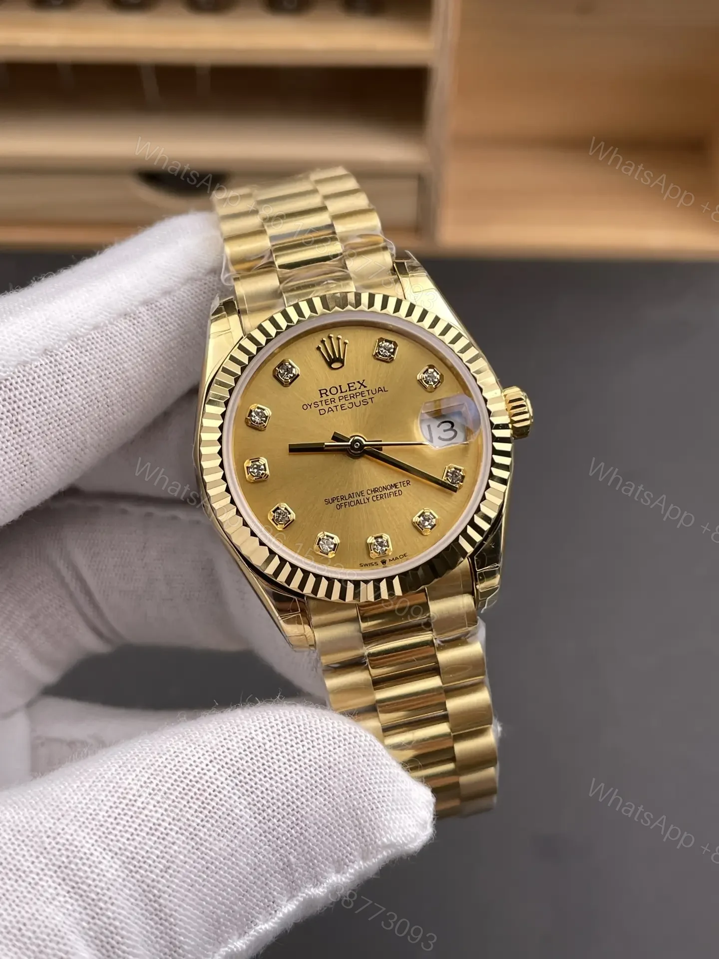 View 2 of Rolex Datejust 31 Yellow Gold Fluted President Champagne Diamond 178278-0018