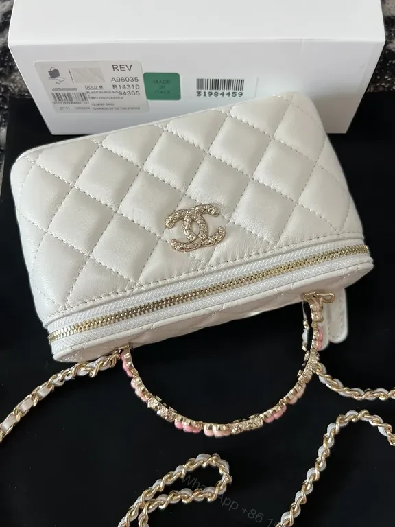 View 8 of Chic Quilted Mini Bag with Gold Emblem - White, Faux Leather, Luxe, Compact Luxury Bag