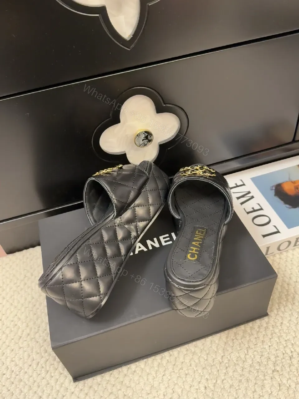 View 7 of Chic Quilted Mules: Black Vegan Leather, Gold Logo Slide