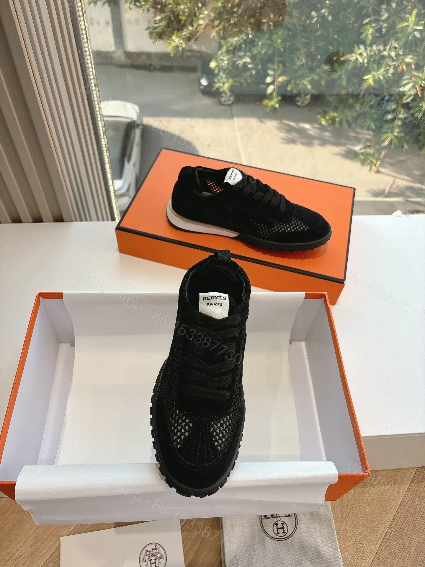 View 4 of Hermes Women Black Suede Mesh Sneakers
