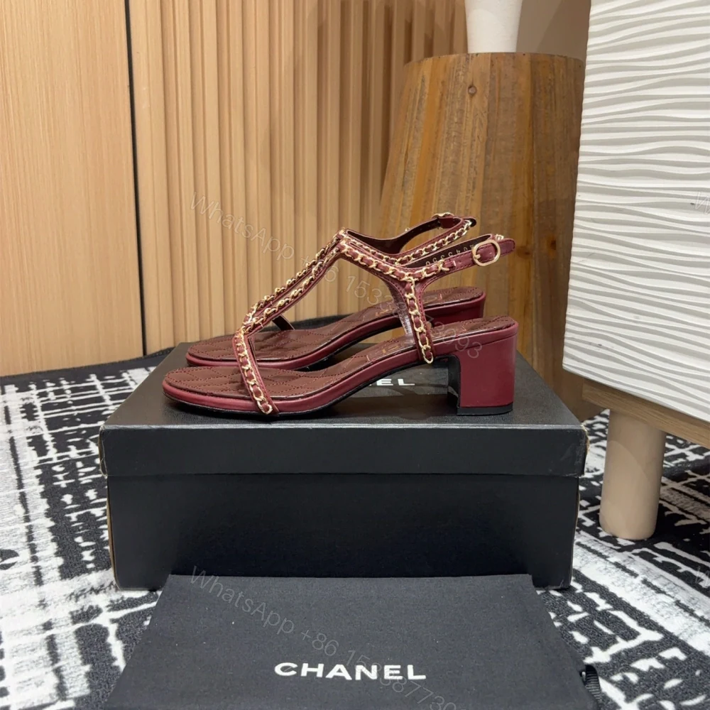 高仿Chanel*25C系列G36122A小羊皮中踭涼鞋紅色5CM免檢版 — view 1
